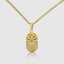 Close up DVNCI Aries zodiac pendant hammered ram symbol detail 18k gold simulated stones