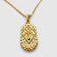 Close up DVNCI Capricorn zodiac pendant hammered goat symbol detail 18k gold simulated stones
