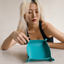 Close up DVNCI Celeste blue vegan leather tray folded corner stud detail