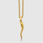 Close up DVNCI cornicello pendant bail and chain link detail 18k gold jewelry
