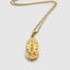 Close up DVNCI Gemini zodiac pendant hammered twins symbol detail 18k gold simulated stones