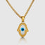 Close up DVNCI Hamsa pendant enamel evil eye centre detail 18k yellow gold
