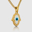 DVNCI Hamsa evil eye pendant necklace worn model front view collarbone editorial shot
