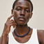 DVNCI lapis lazuli natural stone necklace worn by model lifestyle shot luxury jewelry
