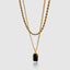 DVNCI black onyx pendant wheat layered chain necklace overhead studio shot white background