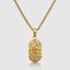 Close up DVNCI Sagittarius pendant hammered archer bow symbol detail 18k gold simulated stones
