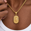 DVNCI 18k gold Scorpio zodiac pendant necklace worn model front view neck detail
