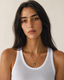DVNCI Virgin Mary black enamel pendant necklace worn model collarbone lifestyle shot