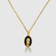 Close up DVNCI Virgin Mary pendant black enamel finish detail 18k yellow gold