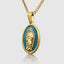 Close up DVNCI Virgin Mary pendant natural blue mother of pearl detail 18k gold