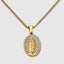 Close up DVNCI Virgin Mary pendant natural pink mother of pearl detail 18k gold