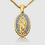 Close up DVNCI Virgin Mary pendant natural white mother of pearl detail 18k gold