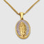 DVNCI 18k gold Virgin Mary pendant necklace worn model front view neck detail shot