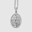 DVNCI white gold Our Lady of Fatima pendant necklace worn model front view neck detail
