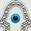 Close-up of enamel evil eye set within white gold Hamsa hand pendant
