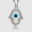 18k white gold Hamsa hand pendant necklace with enamel evil eye, front view
