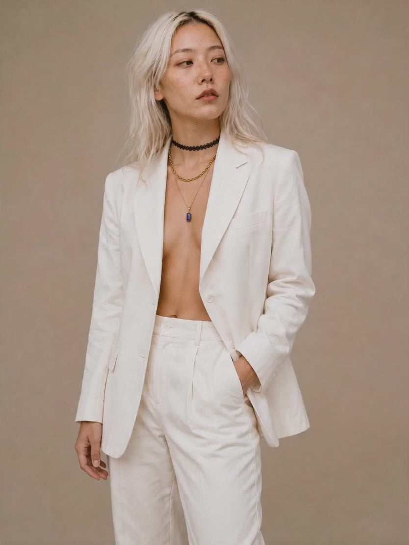 Eva wearing the lapis lazuli layered pendant with chains