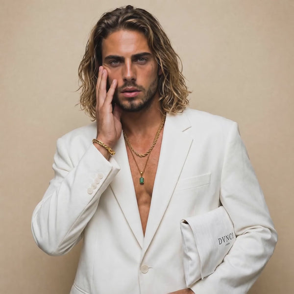 Brett wears a beautiful jade stone pendant necklace